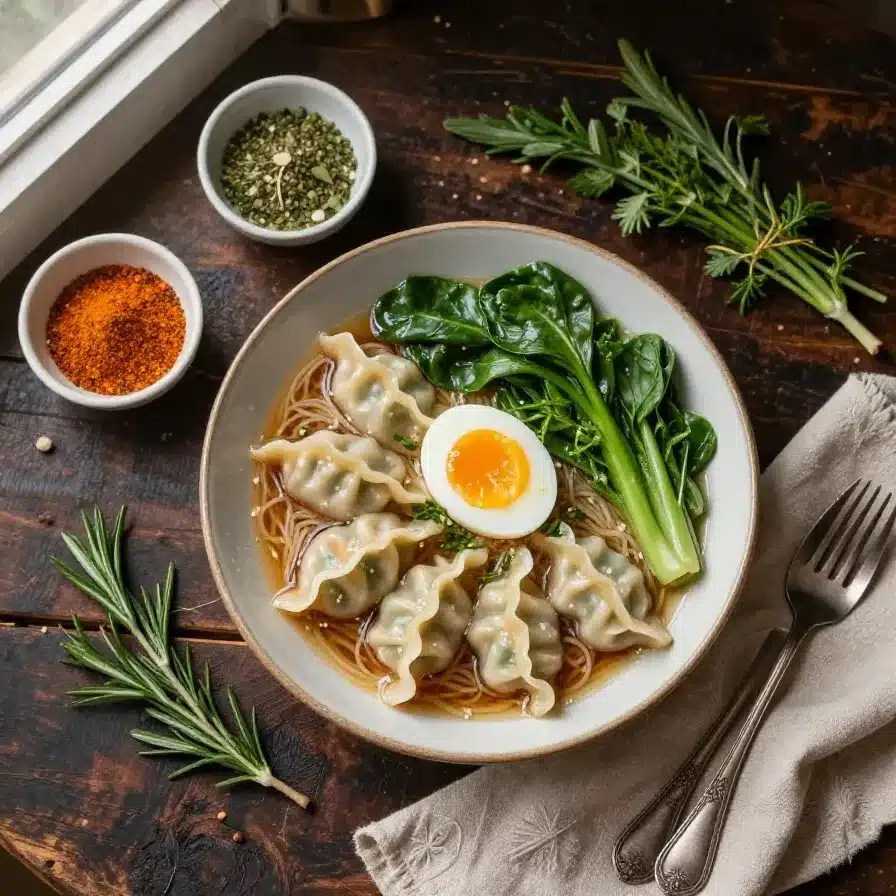 A close-up of a savory dumpling ramen bowl with soft-boiled eggs, fresh greens, and steaming broth.