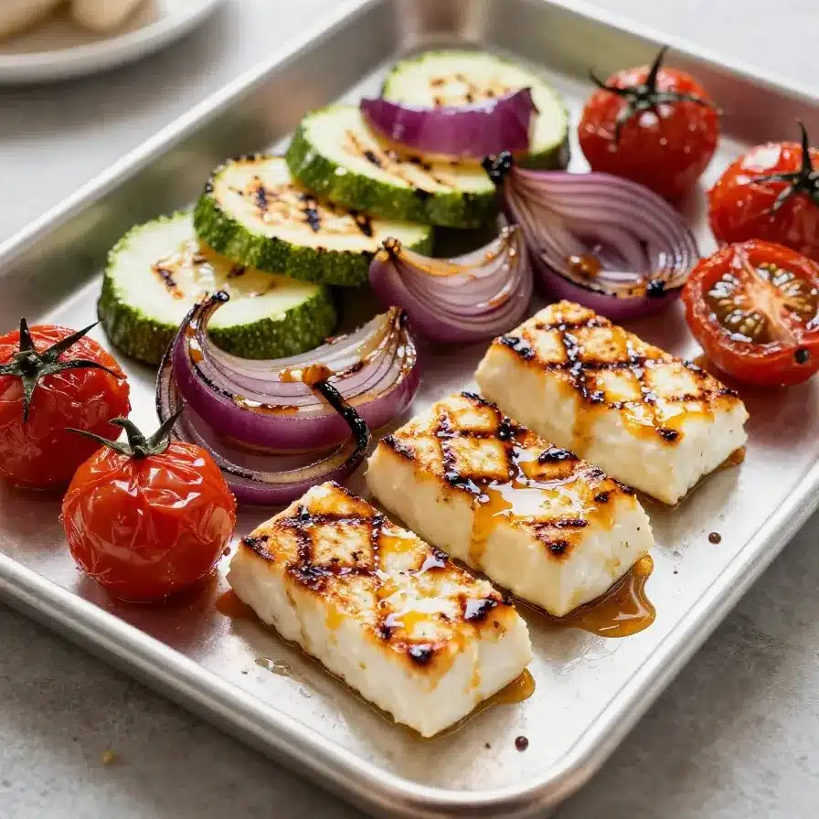 Close-up of grilled halloumi and vegetable skewers on a white plate.