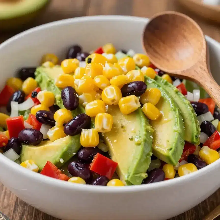 A colorful bowl of Cowboy Caviar with fresh vegetables and beans.