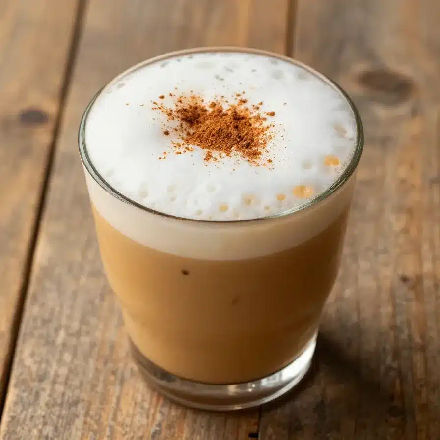 A glass of pumpkin cream cold brew with a layer of frothy cream on top, surrounded by autumn decorations.