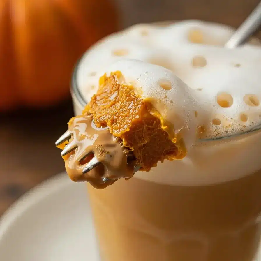 A glass of iced chai latte topped with creamy pumpkin cold foam on a wooden table.