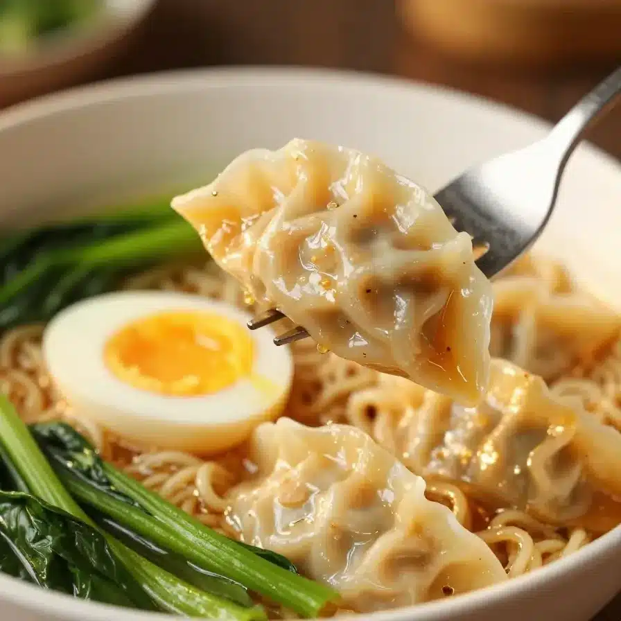 A close-up of a savory dumpling ramen bowl with soft-boiled eggs, fresh greens, and steaming broth.