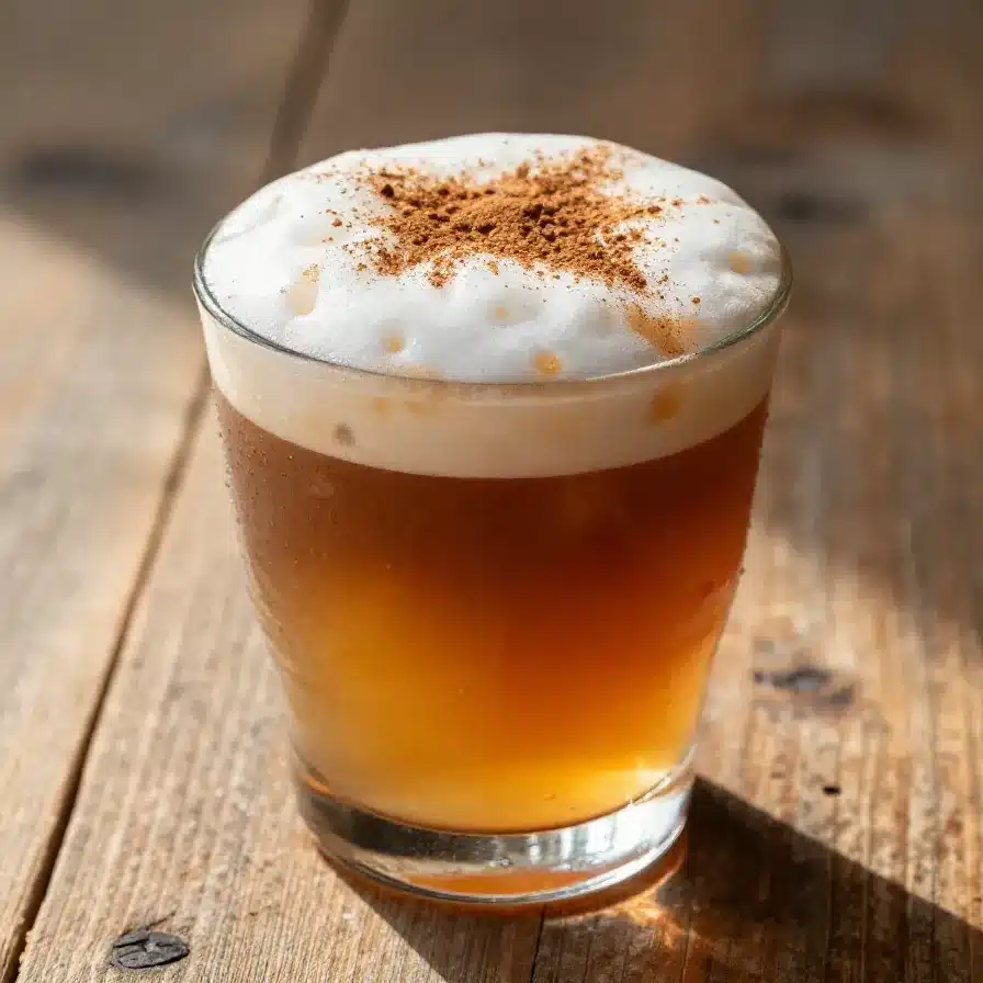 A glass of pumpkin cream cold brew with a layer of frothy cream on top, surrounded by autumn decorations.