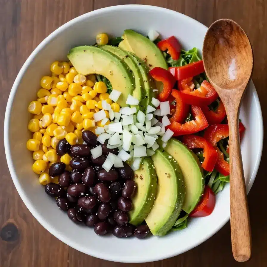 A colorful bowl of Cowboy Caviar with fresh vegetables and beans.
