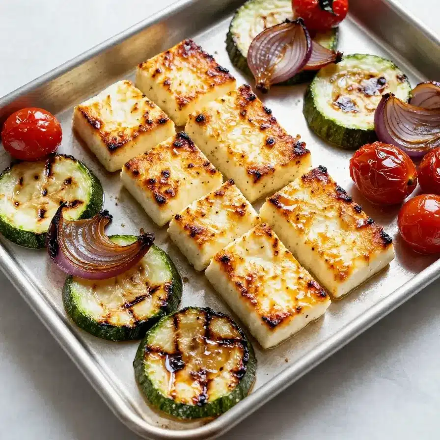Close-up of grilled halloumi and vegetable skewers on a white plate.