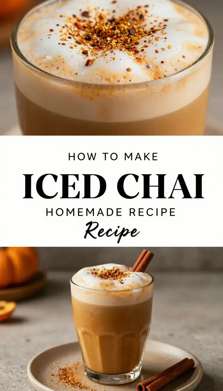 A glass of iced chai latte topped with creamy pumpkin cold foam on a wooden table.