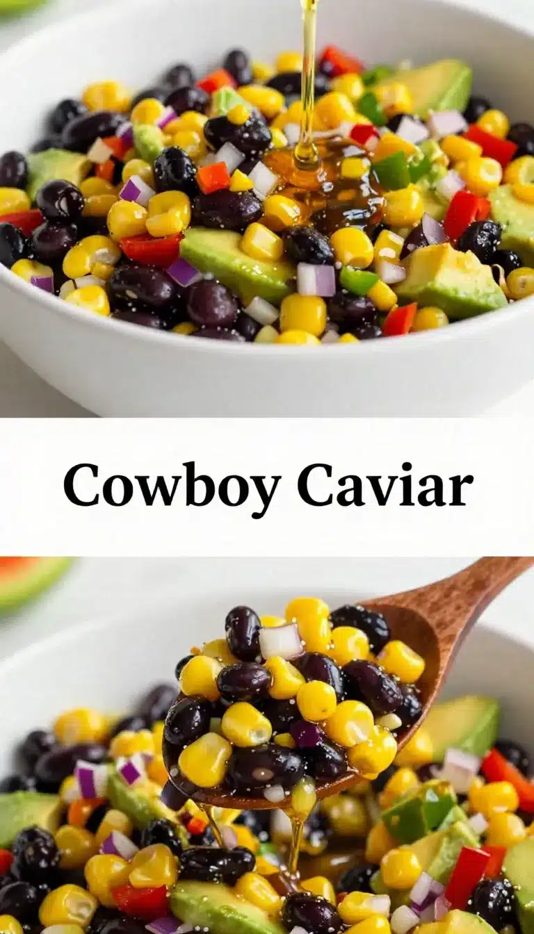 A colorful bowl of Cowboy Caviar made with black beans, corn, tomatoes, and peppers.