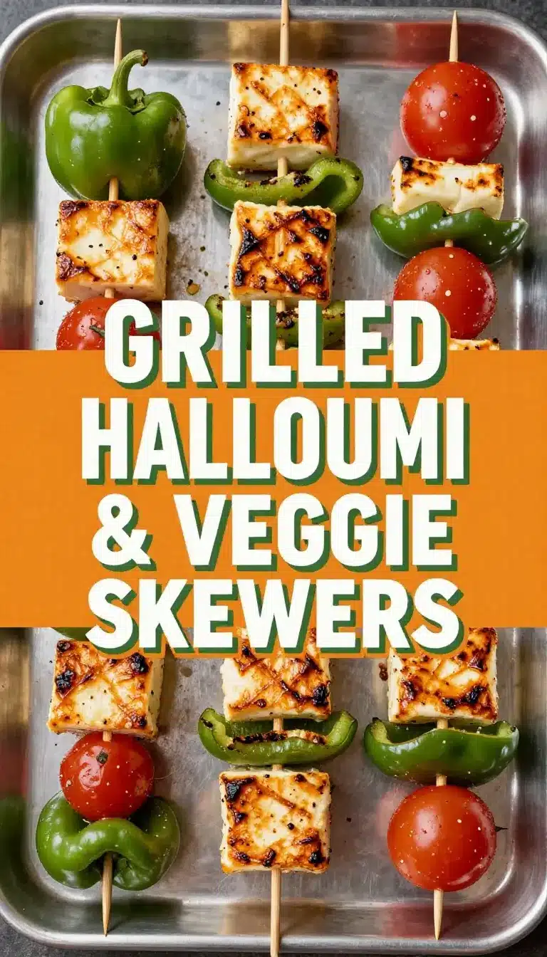 Close-up of grilled halloumi and vegetable skewers on a white plate.