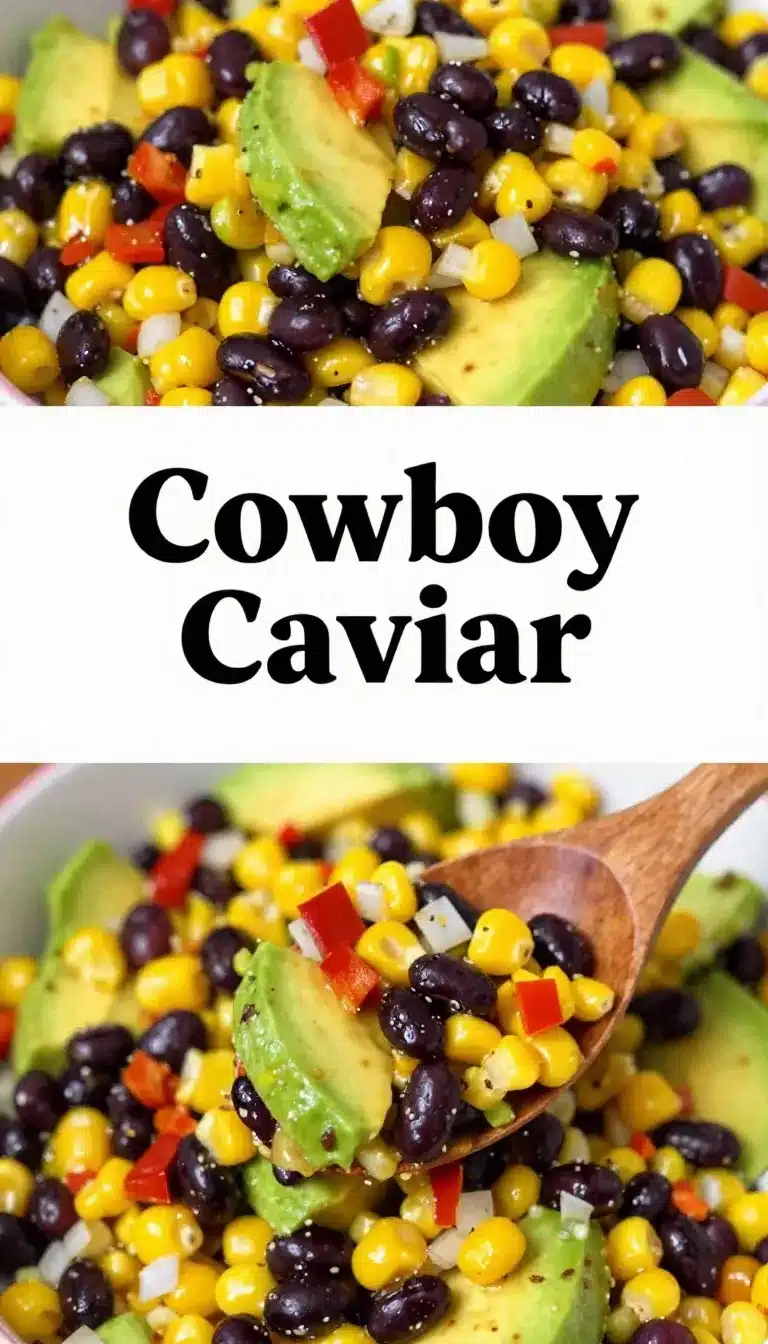 A colorful bowl of Cowboy Caviar with fresh vegetables and beans.