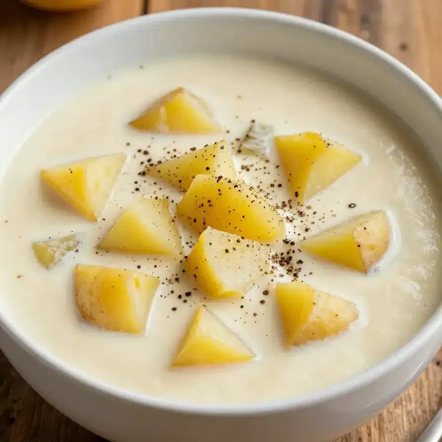 A bowl of creamy crockpot potato soup garnished with fresh rosemary and thyme.