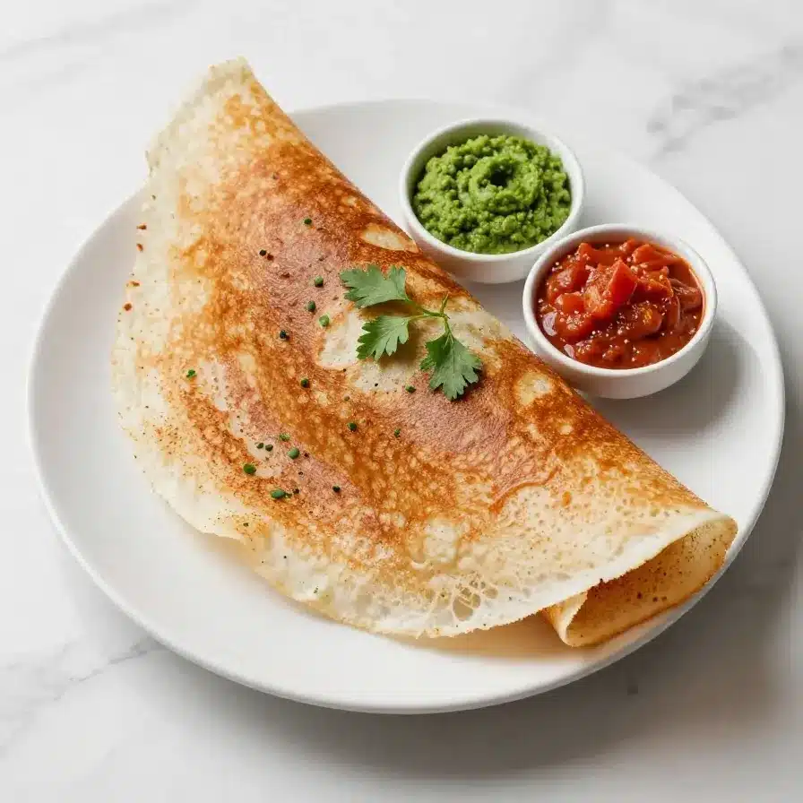 Close-up of Masoor Dal Chilla served on a plate with chutney and garnishes.