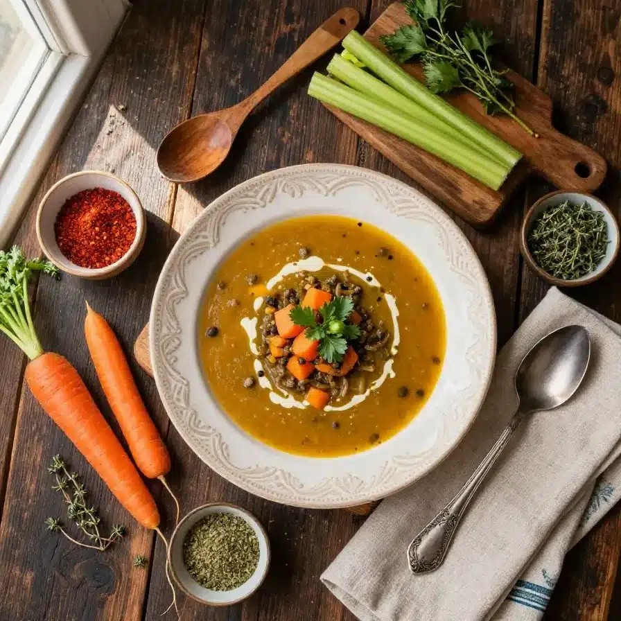 A bowl of traditional Scottish lentil soup garnished with fresh parsley.