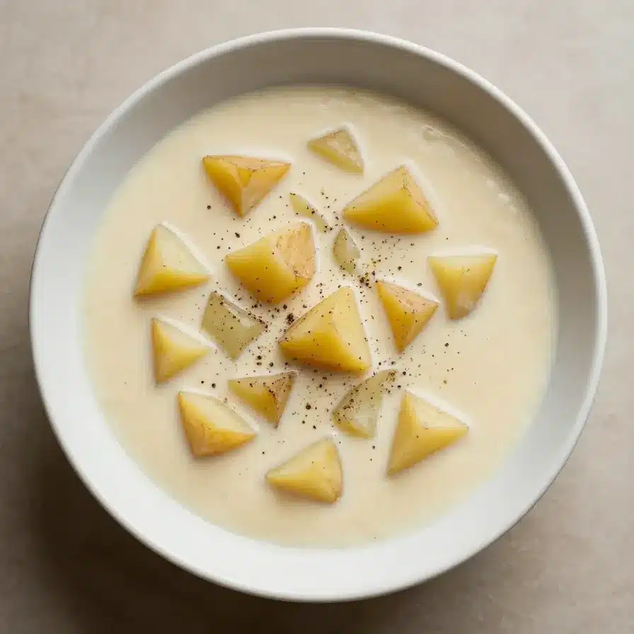 A bowl of creamy crockpot potato soup garnished with fresh rosemary and thyme.