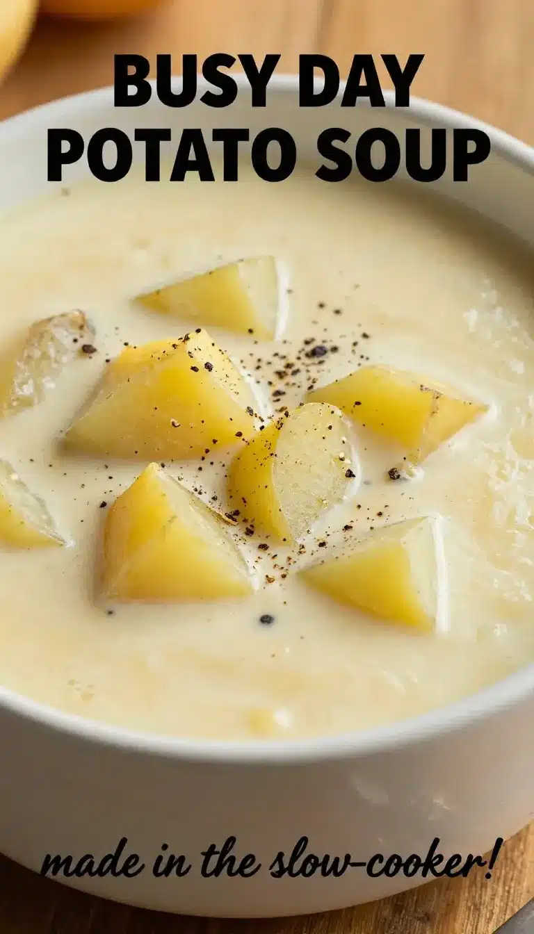 A bowl of creamy crockpot potato soup garnished with fresh rosemary and thyme.