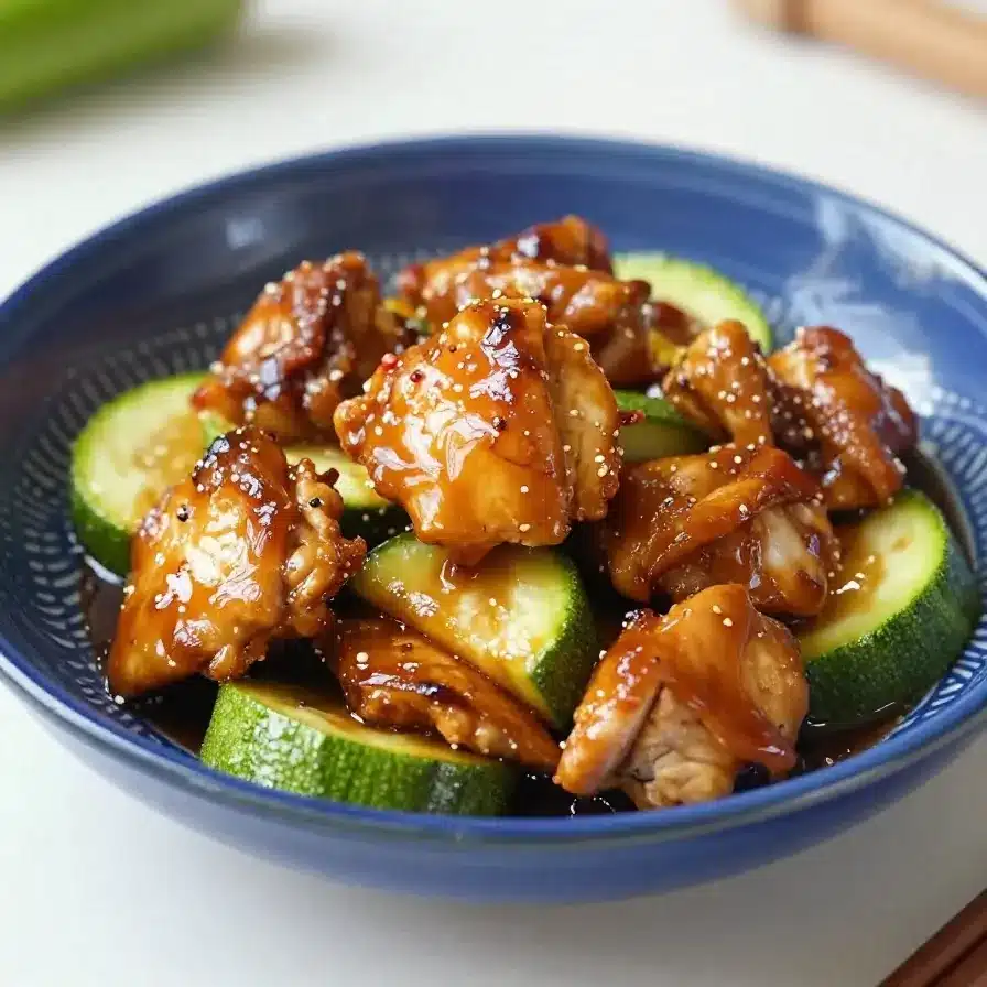 A plate of chicken zucchini stir fry garnished with sesame seeds and served with rice.