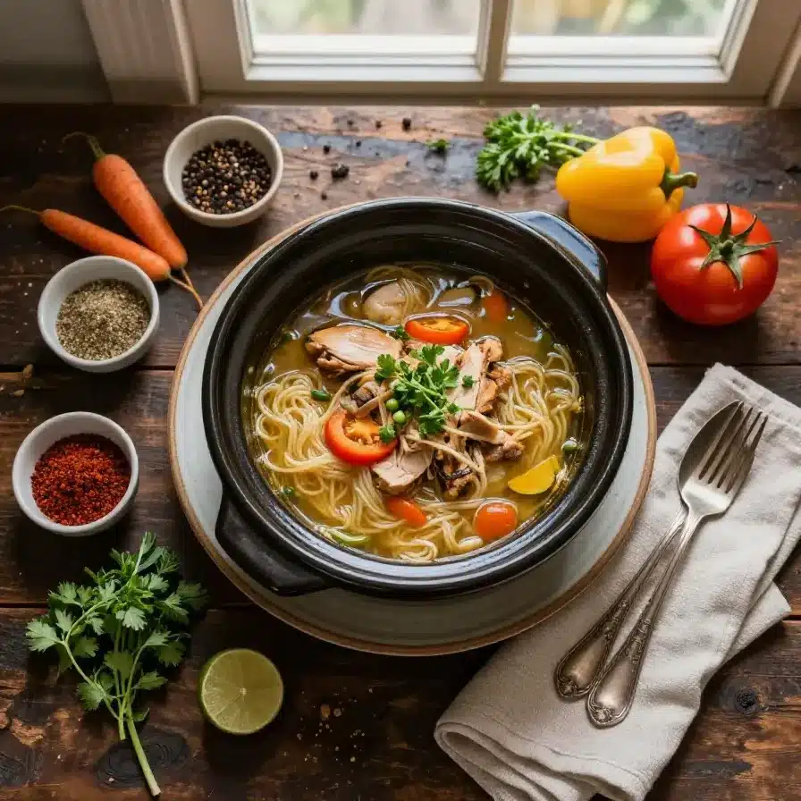 A bowl of homemade chicken noodle soup made in a slow cooker, garnished with fresh parsley.