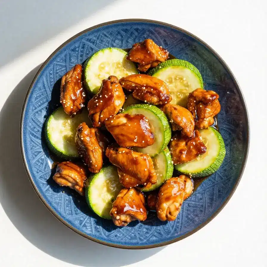 A plate of chicken zucchini stir fry garnished with sesame seeds and served with rice.
