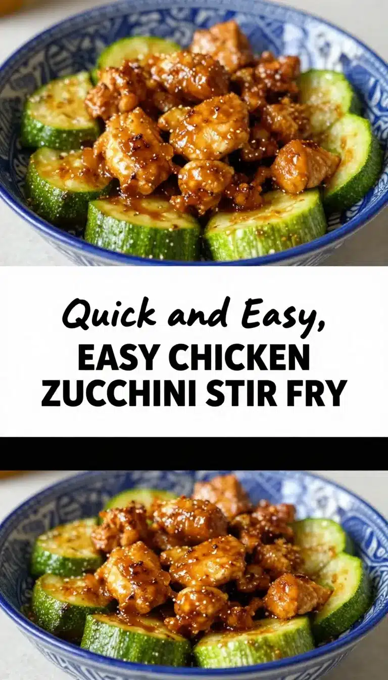 A plate of chicken zucchini stir fry garnished with sesame seeds and served with rice.