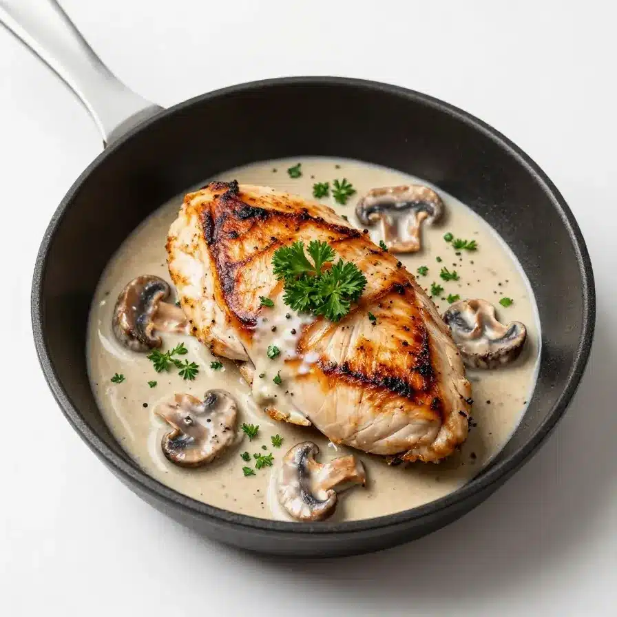 A plate of creamy mushroom chicken garnished with fresh parsley, served with a side of mashed potatoes.