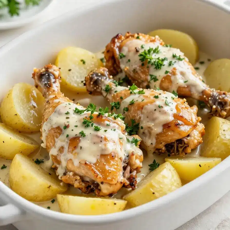 A close-up of garlic parmesan chicken and potatoes cooked perfectly in a crockpot.
