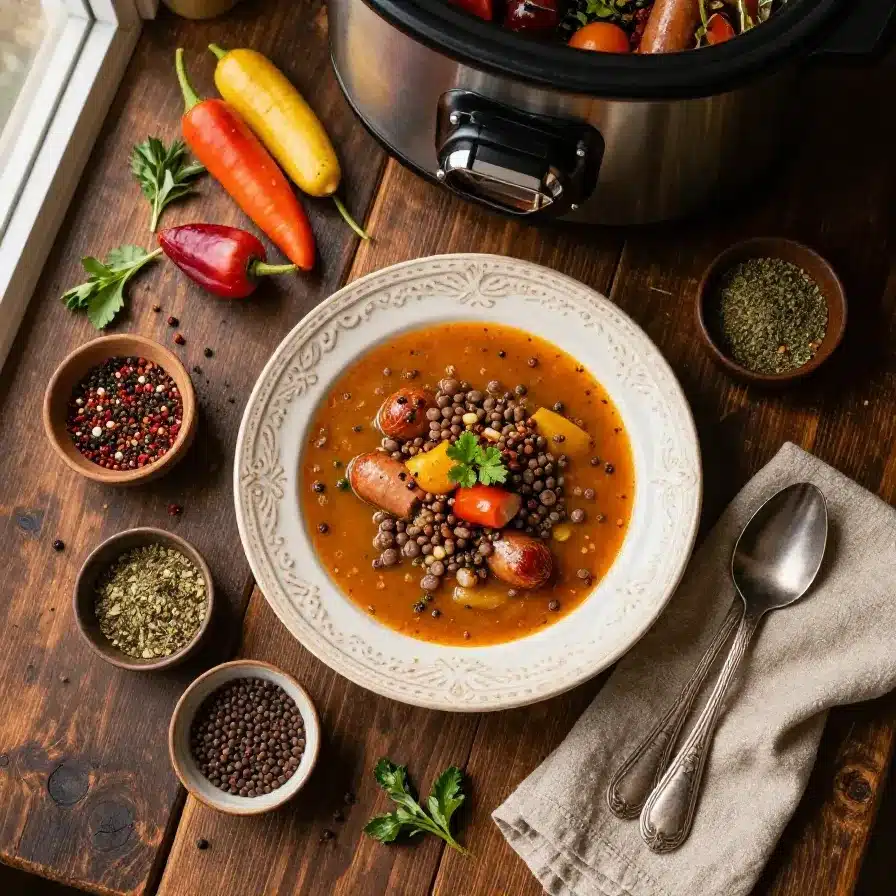 A bowl of hearty sausage and lentil soup cooked in a slow cooker, garnished with fresh herbs.
