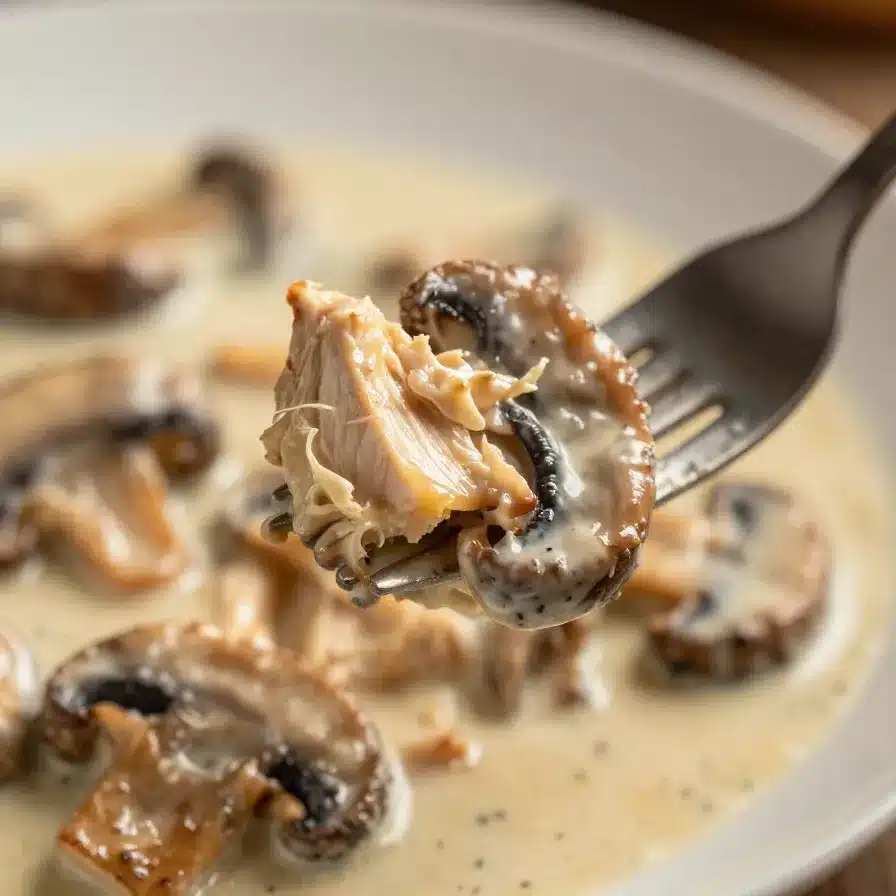 A plate of creamy mushroom chicken garnished with fresh parsley, served with a side of mashed potatoes.