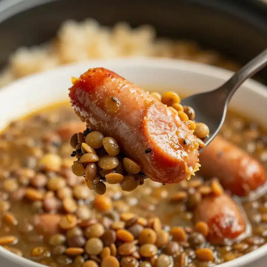 A bowl of hearty sausage and lentil soup cooked in a slow cooker, garnished with fresh herbs.