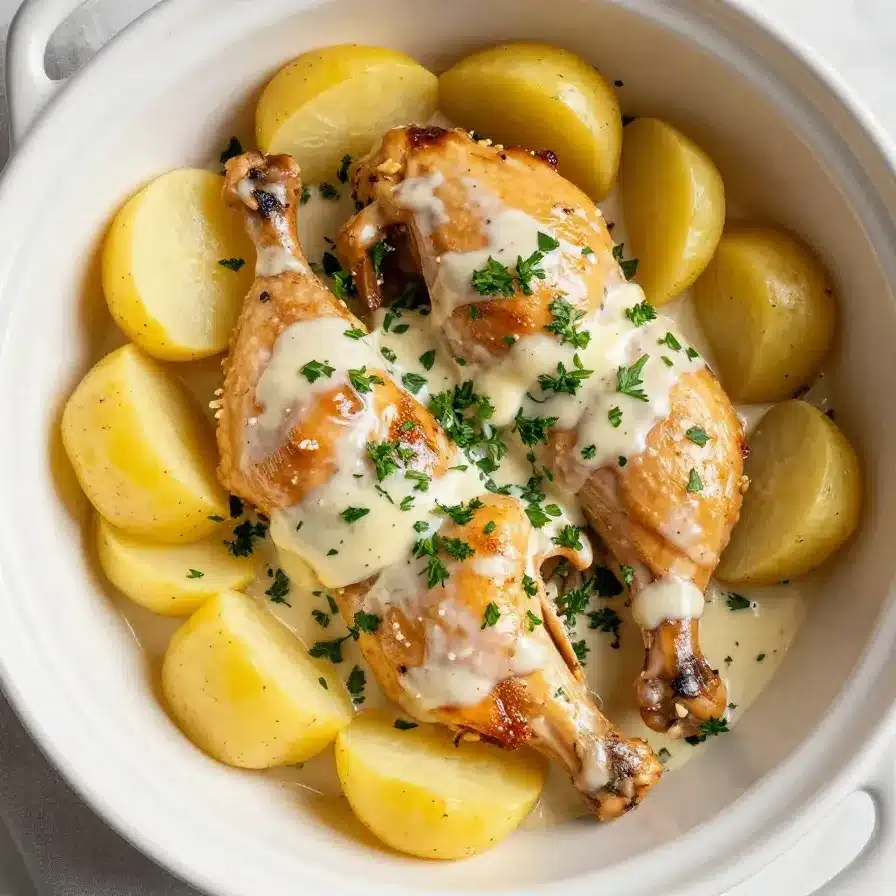 A close-up of garlic parmesan chicken and potatoes cooked perfectly in a crockpot.
