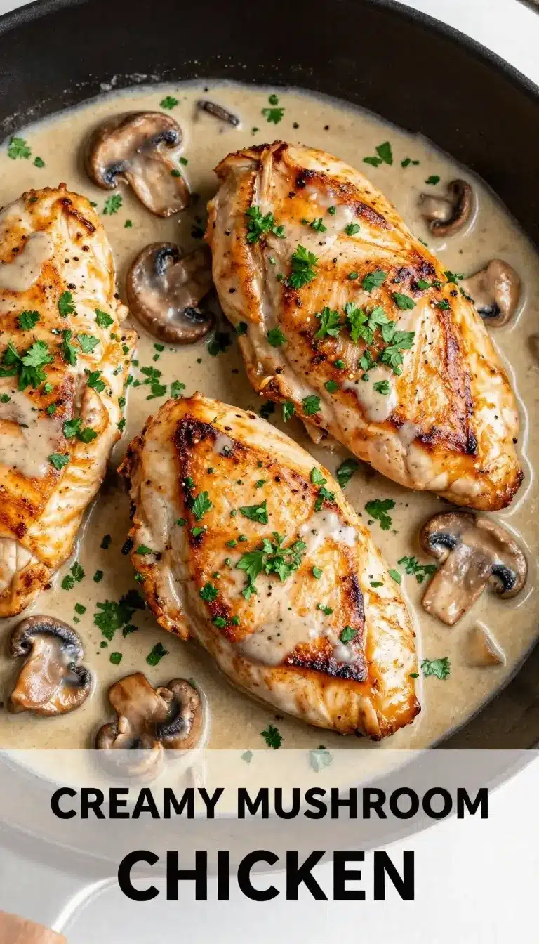 A plate of creamy mushroom chicken garnished with fresh parsley, served with a side of mashed potatoes.