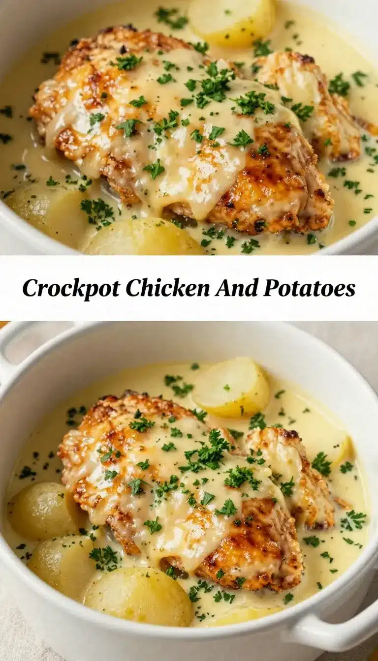 A close-up of garlic parmesan chicken and potatoes cooked perfectly in a crockpot.