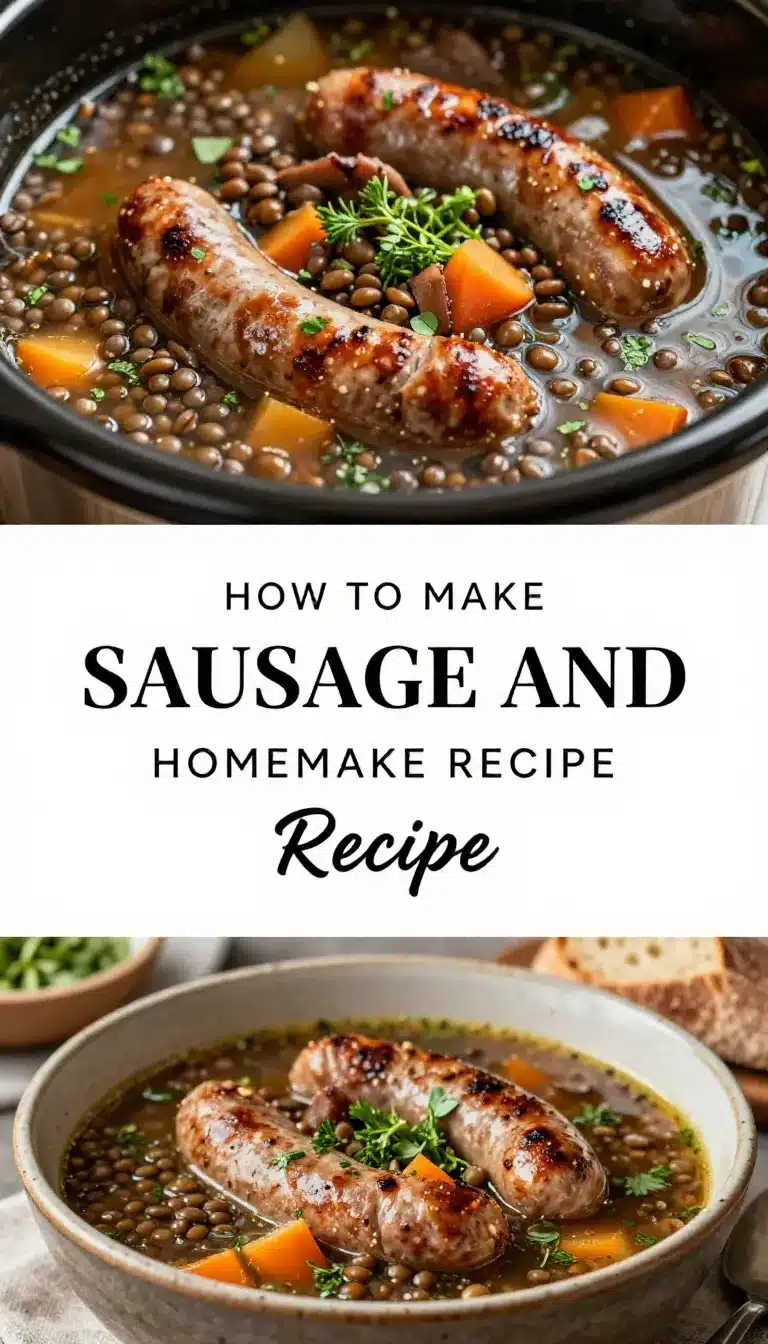 A bowl of hearty sausage and lentil soup cooked in a slow cooker, garnished with fresh herbs.