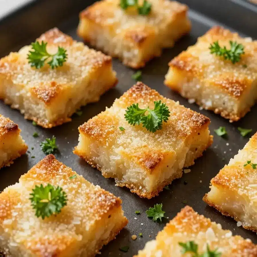 Golden-brown Parmesan onion appetizer squares served on a white plate.