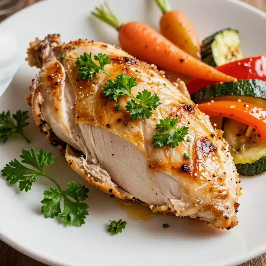 Close-up of tender and juicy baked chicken breast served on a white plate.