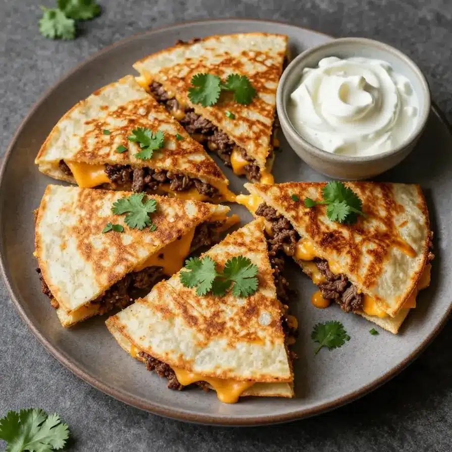 Close-up of cheesy ground beef quesadillas served on a wooden plate.
