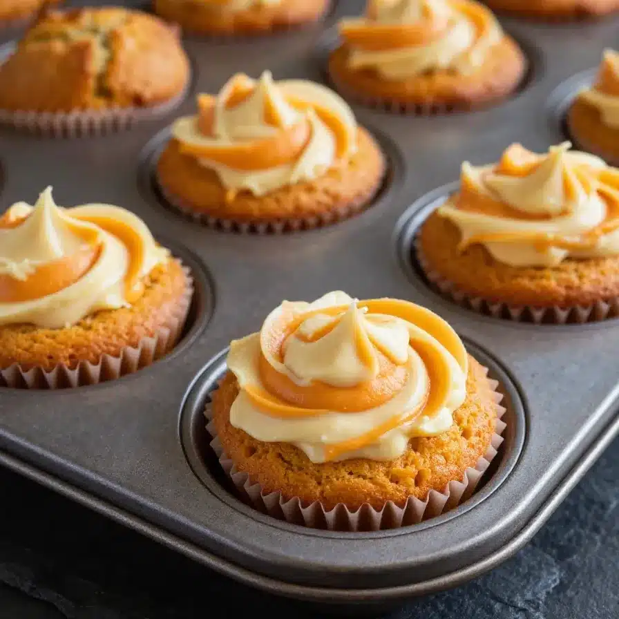 Close-up of freshly baked pumpkin cream cheese swirl muffins on a wooden table.