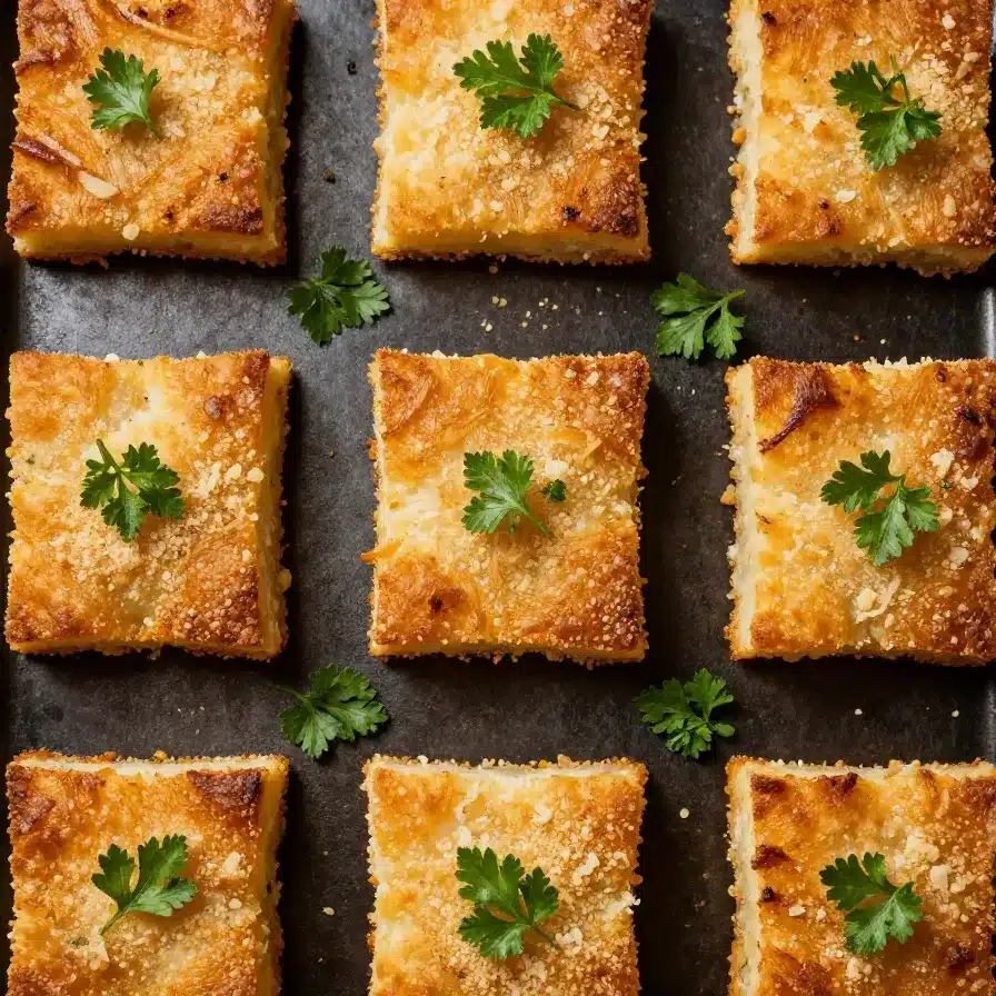 Golden-brown Parmesan onion appetizer squares served on a white plate.