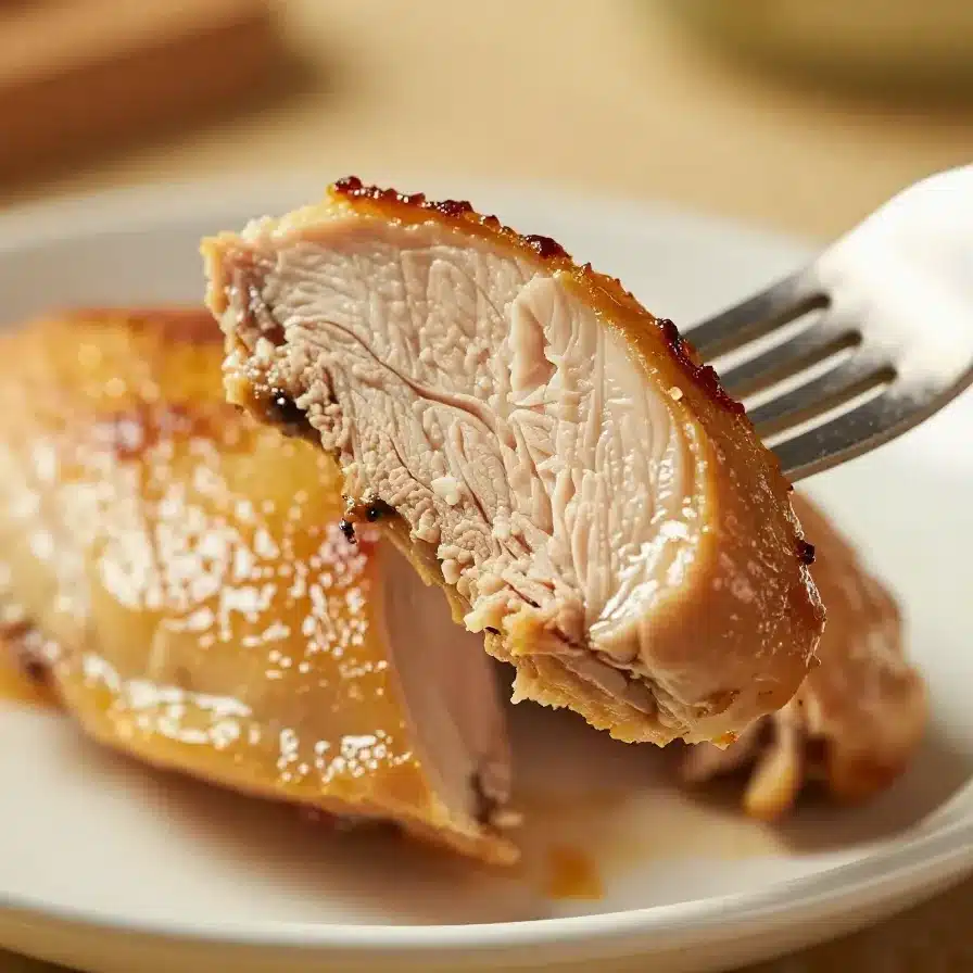 Tender and Juicy Baked Chicken Breast 2 Close-up of tender and juicy baked chicken breast served on a white plate.