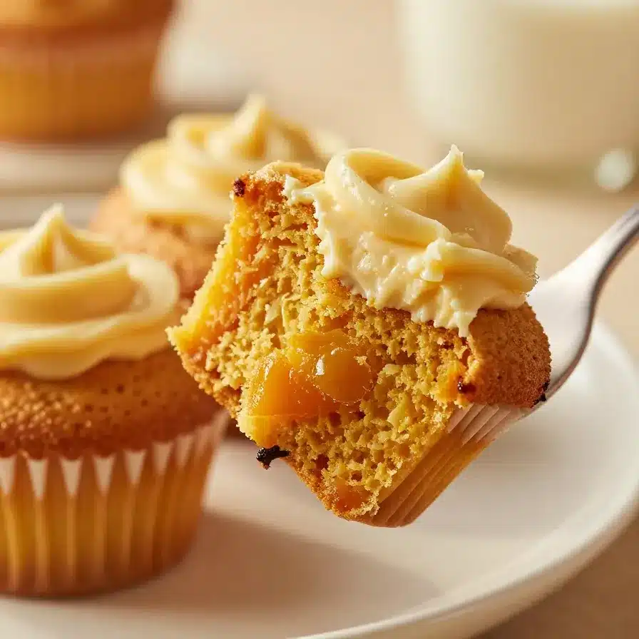 Close-up of freshly baked pumpkin cream cheese swirl muffins on a wooden table.