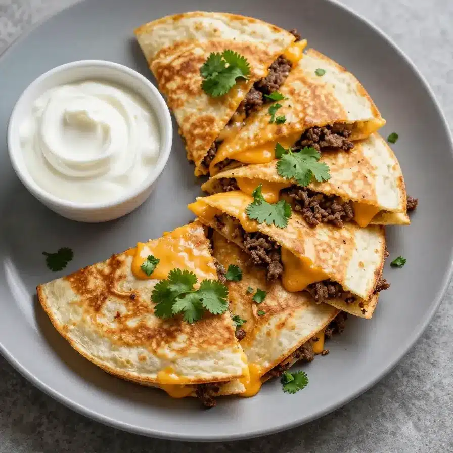 Close-up of cheesy ground beef quesadillas served on a wooden plate.