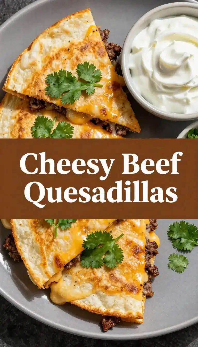 Close-up of cheesy ground beef quesadillas served on a wooden plate.