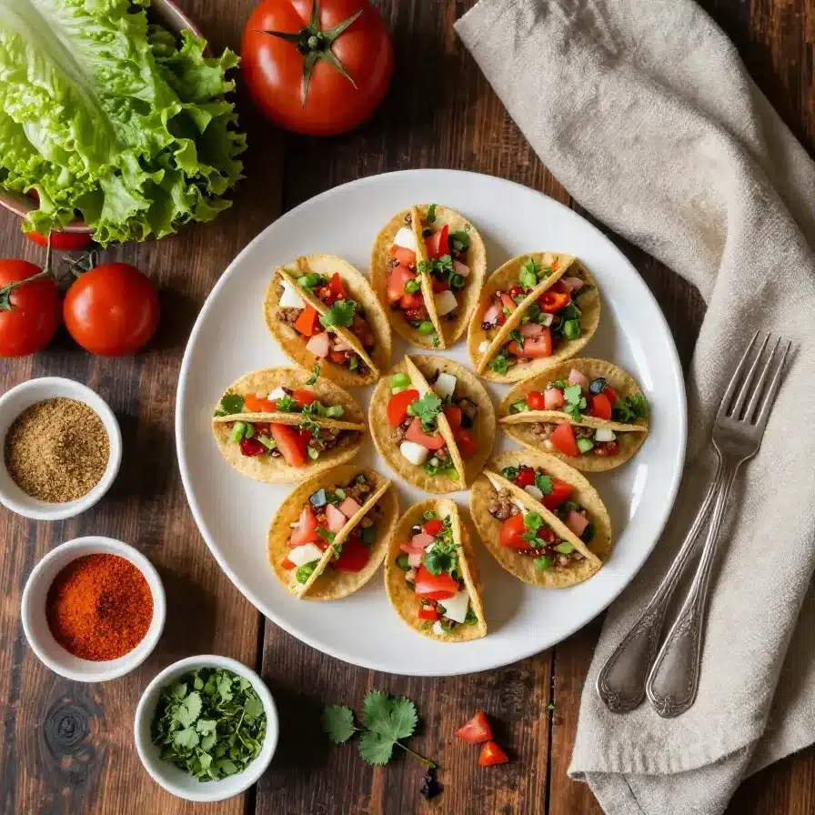 Close-up of mini taco cups filled with colorful ingredients like cheese, tomatoes, and lettuce on a white plate.