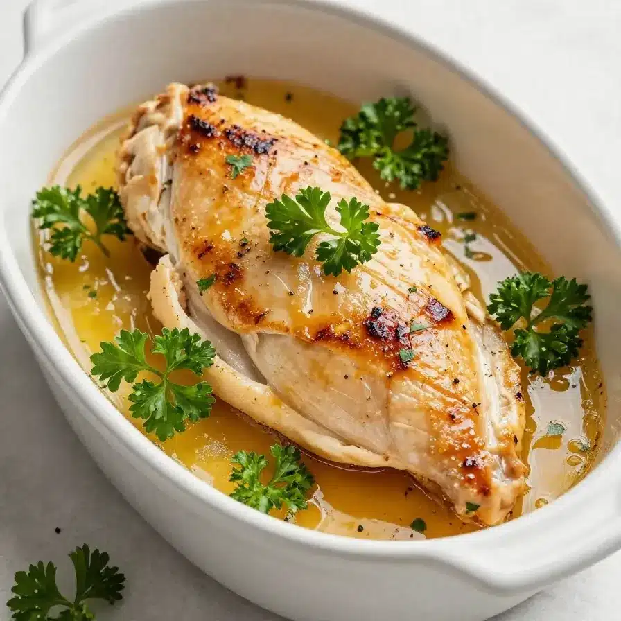 Golden brown oven-baked chicken breast served on a white plate with fresh herbs.