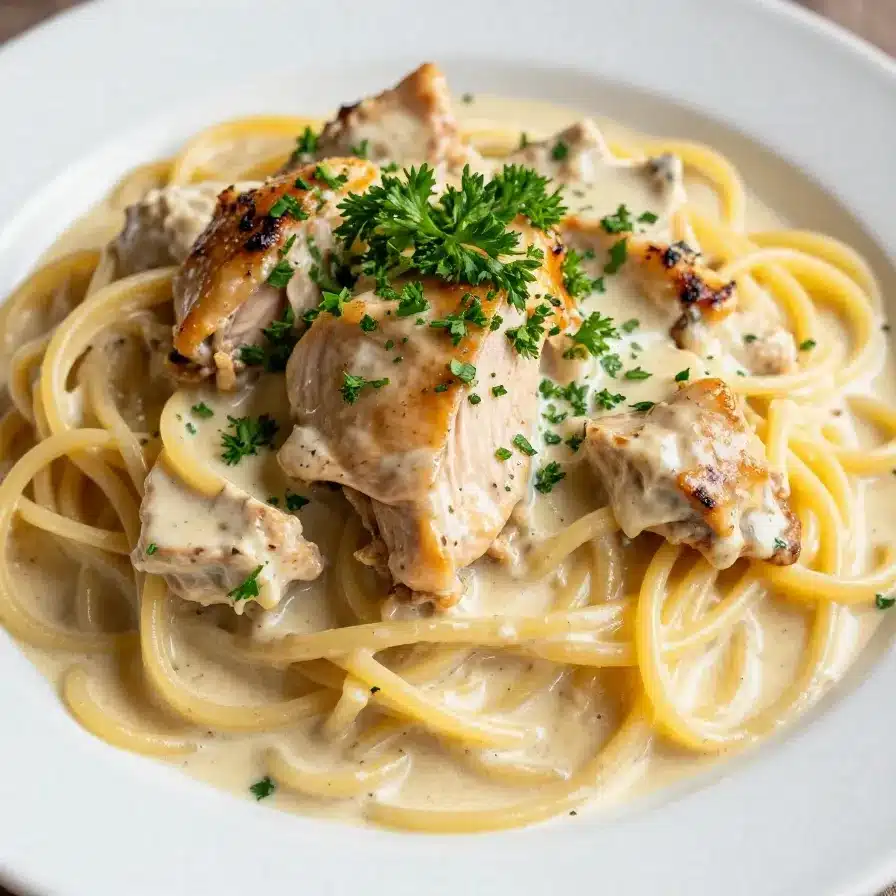 A bowl of rotisserie chicken pasta garnished with fresh parsley and served on a wooden table.
