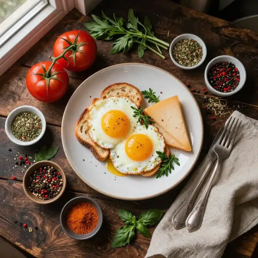A plate of breakfast featuring eggs, toast, and cheese served on a wooden table.