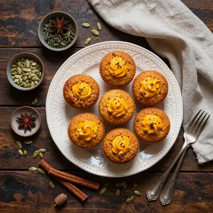A freshly baked pumpkin cream cheese muffin with a creamy swirl on top, placed on a wooden table.
