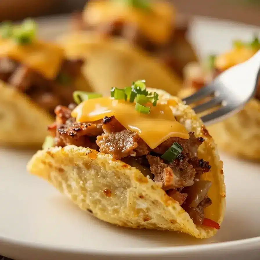 Close-up of mini taco cups filled with colorful ingredients like cheese, tomatoes, and lettuce on a white plate.