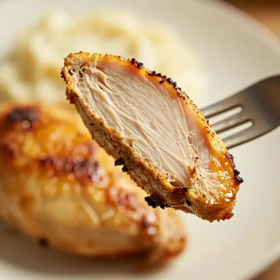 Easy Oven Baked Chicken Breast Recipe 2 Golden brown oven-baked chicken breast served on a white plate with fresh herbs.