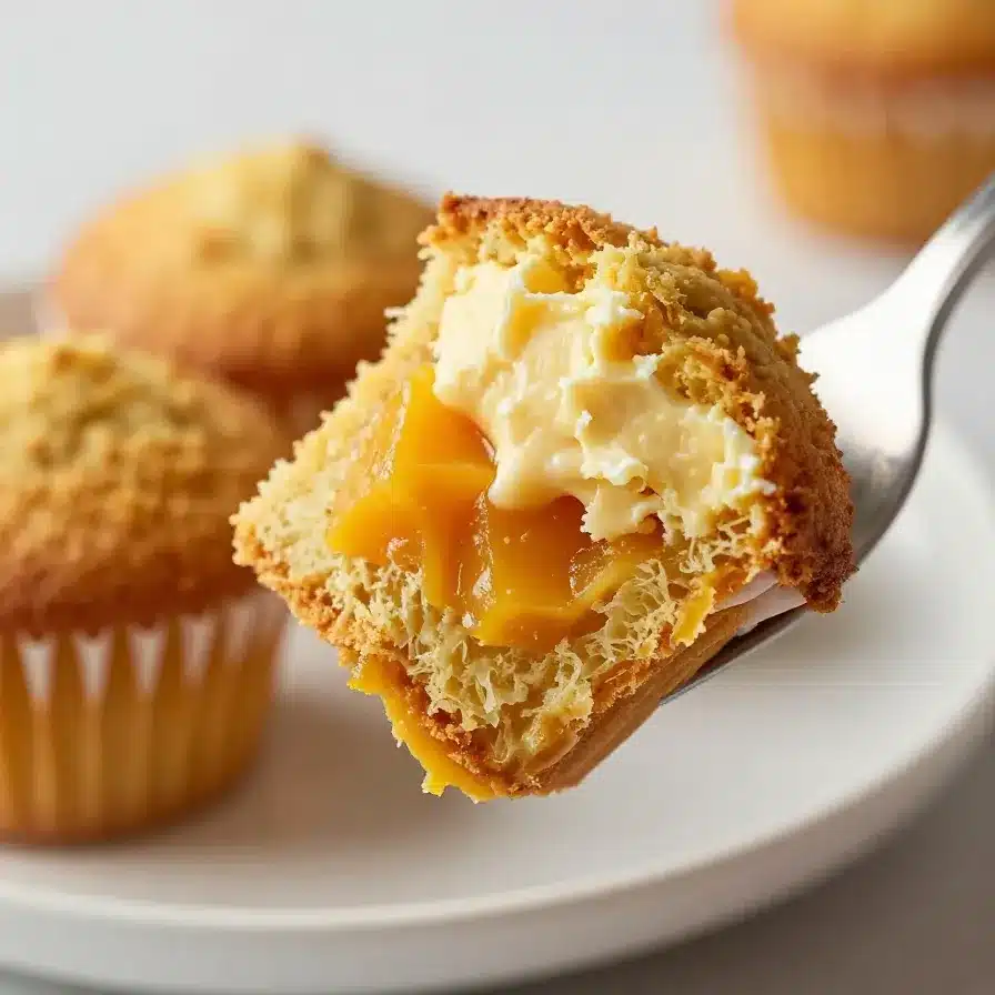 A freshly baked pumpkin cream cheese muffin with a creamy swirl on top, placed on a wooden table.