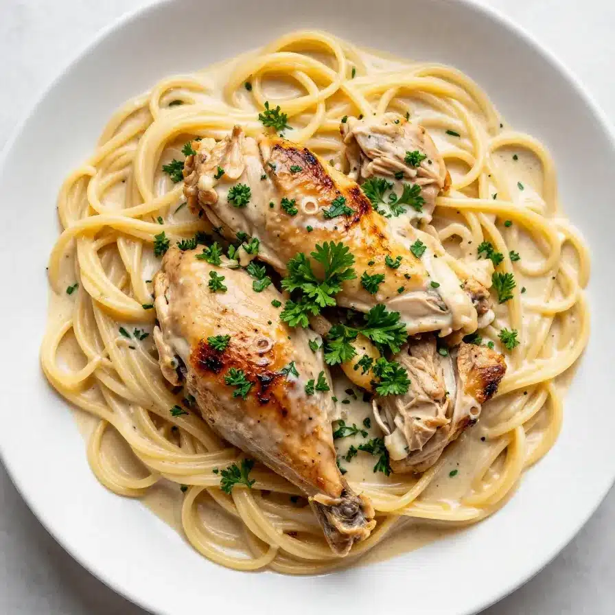 A bowl of rotisserie chicken pasta garnished with fresh parsley and served on a wooden table.