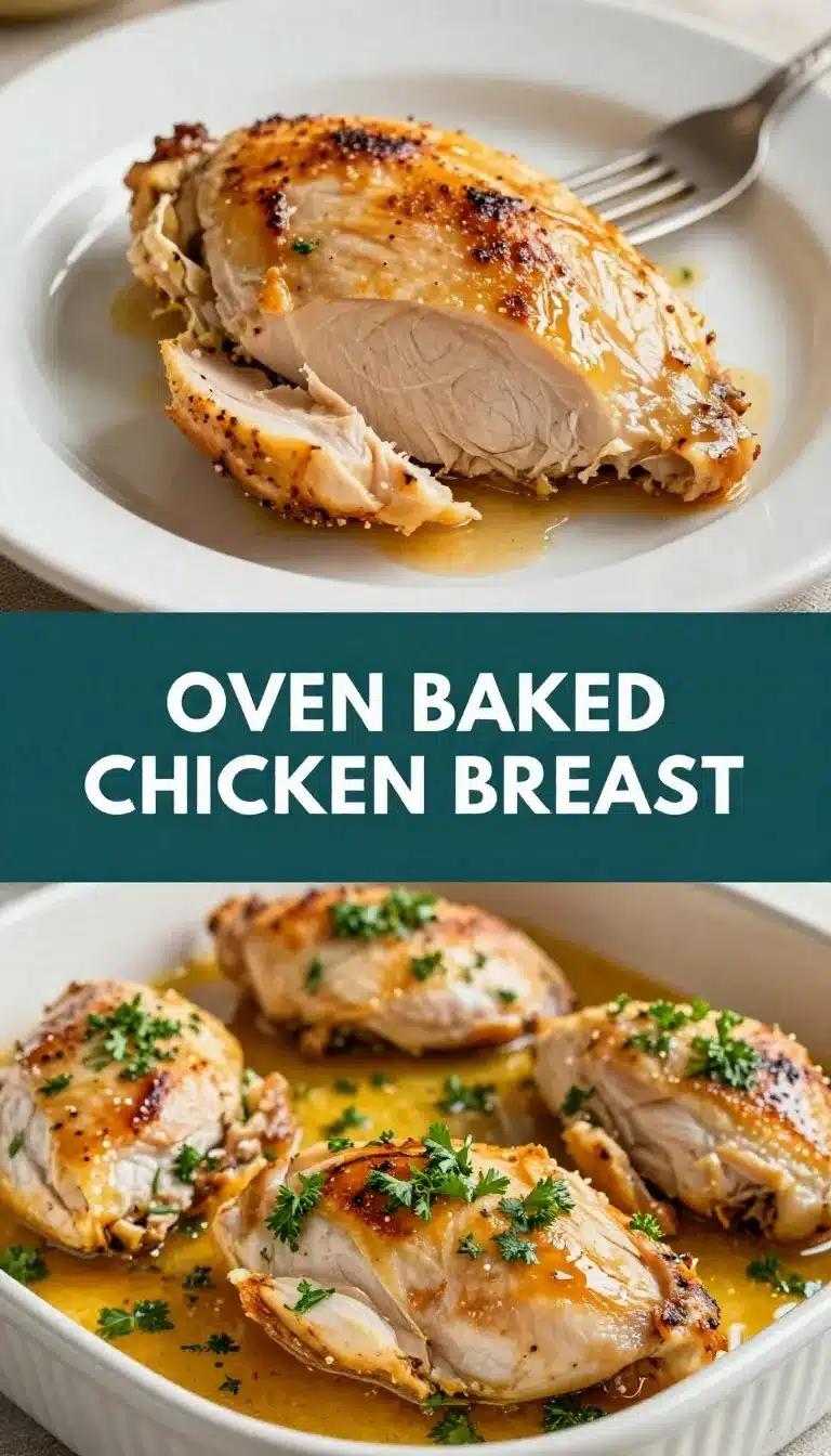 Easy Oven Baked Chicken Breast Recipe 5 Golden brown oven-baked chicken breast served on a white plate with fresh herbs.